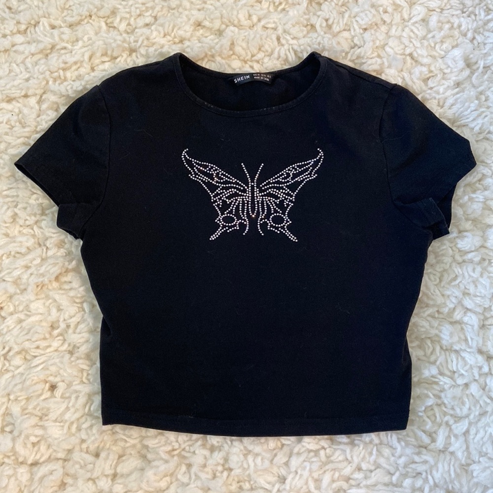 Y2K Butterfly Jewel Black Crop Top